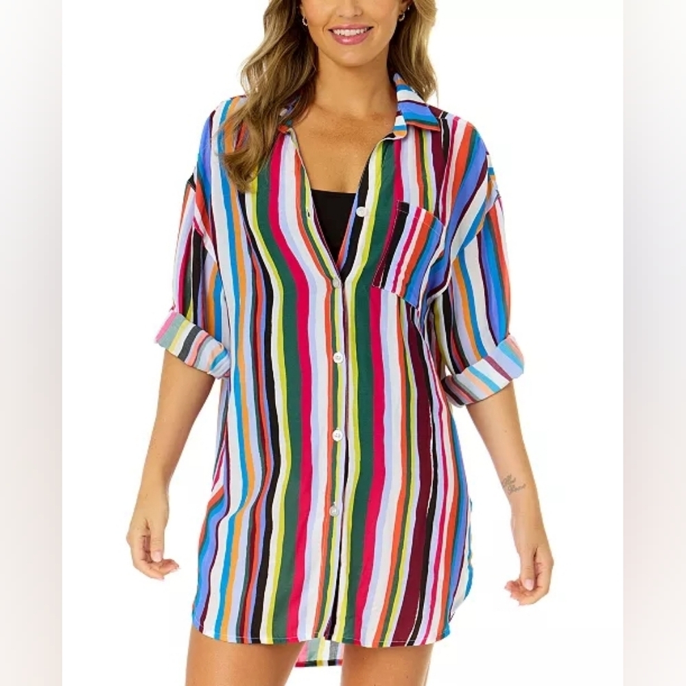 NWT, Anne Cole Women's Striped Boyfriend Cover-Up Shirt Sz M #A86